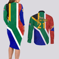 Custom South Africa Springboks Couples Matching Long Sleeve Bodycon Dress and Long Sleeve Button Shirts with Kente Pattern and South African Flag LT9 - Wonder Print Shop