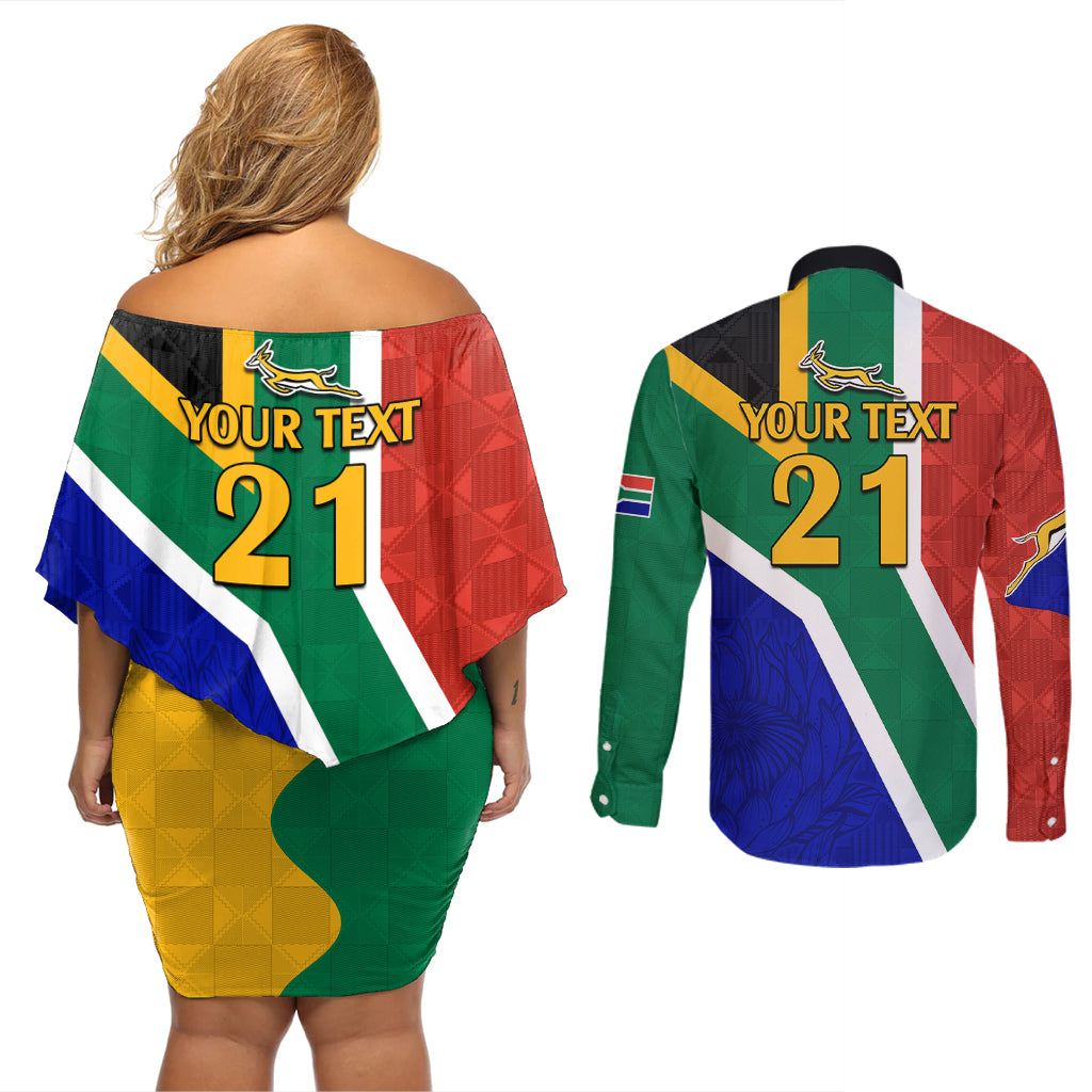 Custom South Africa Springboks Couples Matching Off Shoulder Short Dress and Long Sleeve Button Shirts with Kente Pattern and South African Flag LT9 - Wonder Print Shop