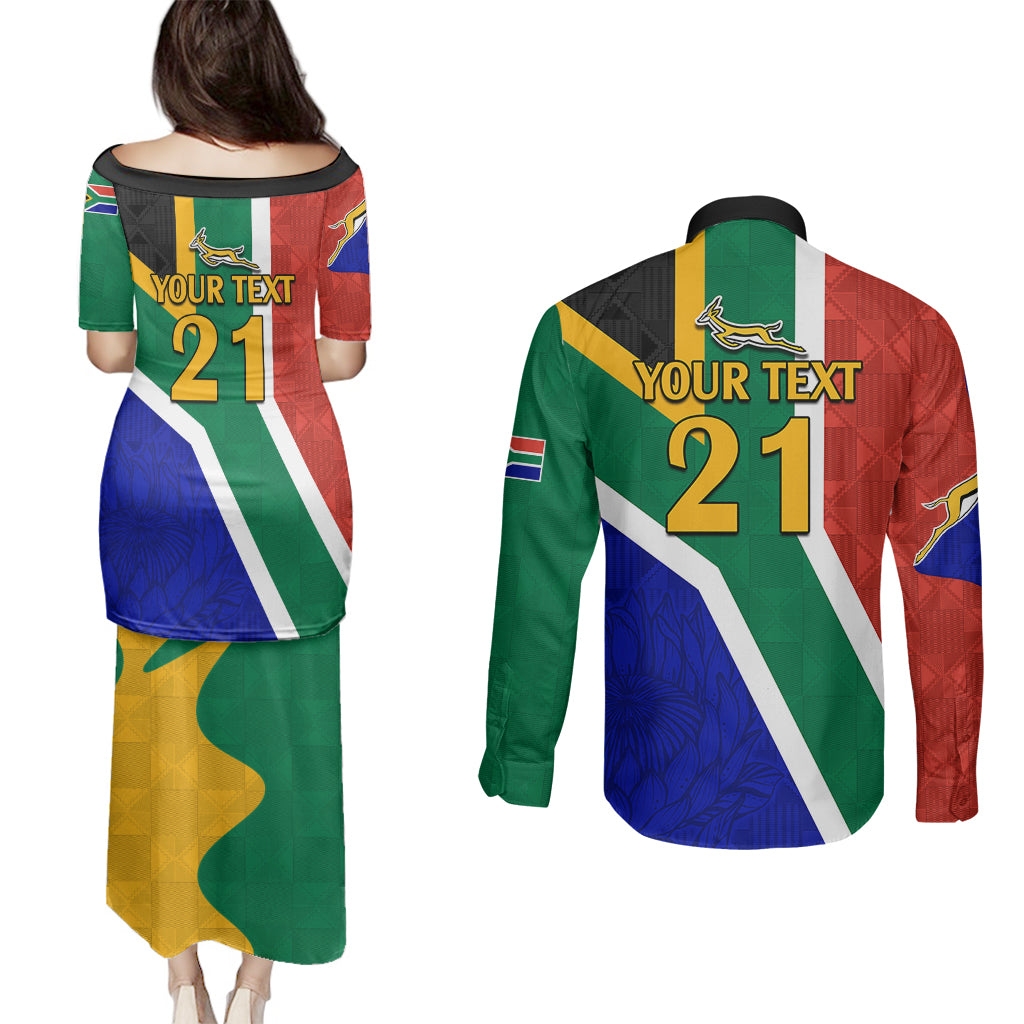 Custom South Africa Springboks Couples Matching Puletasi Dress and Long Sleeve Button Shirts with Kente Pattern and South African Flag LT9 - Wonder Print Shop