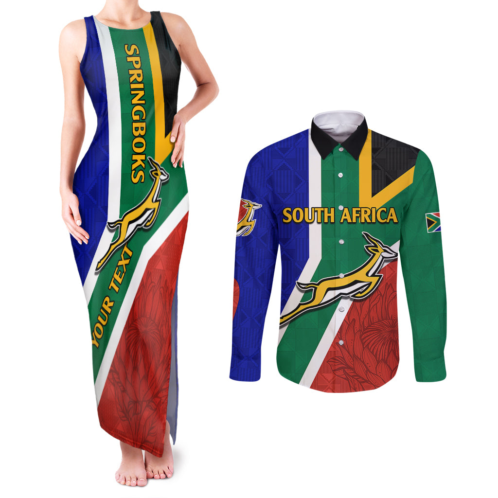 Custom South Africa Springboks Couples Matching Tank Maxi Dress and Long Sleeve Button Shirts with Kente Pattern and South African Flag LT9 - Wonder Print Shop