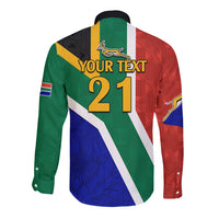 Custom South Africa Springboks Long Sleeve Button Shirt with Kente Pattern and South African Flag - Wonder Print Shop