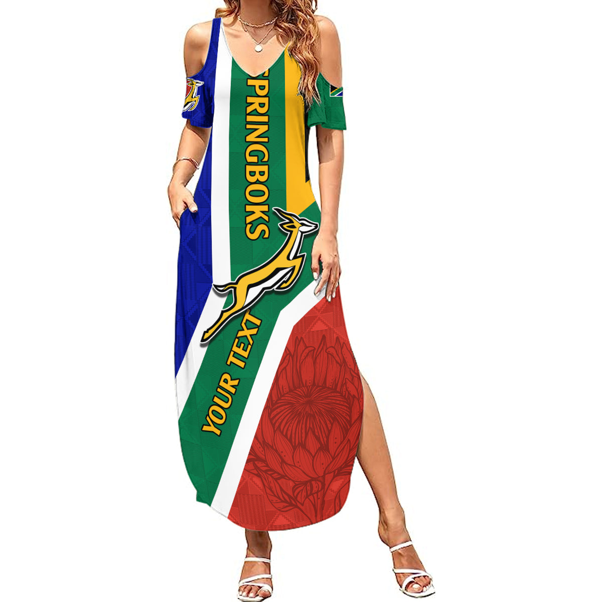 Custom South Africa Springboks Summer Maxi Dress with Kente Pattern and South African Flag - Wonder Print Shop