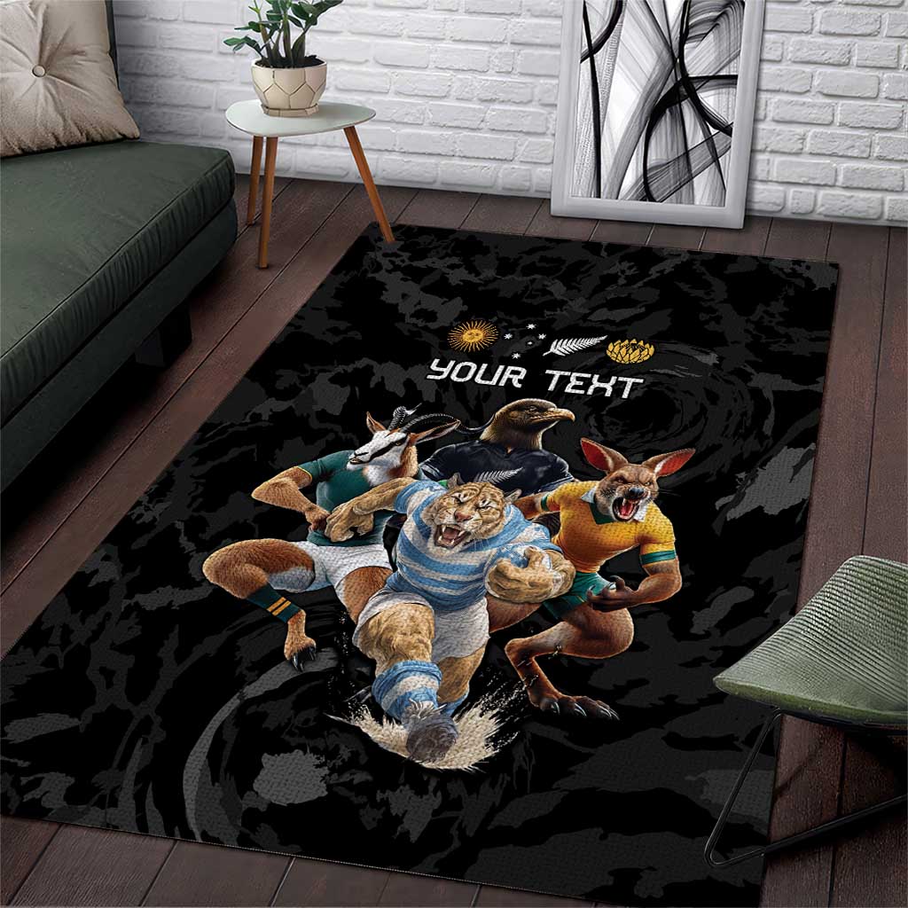 Custom Rugby Southern Hemisphere Area Rug Argentina AUNZ South Africa Mascot Black - Wonder Print Shop