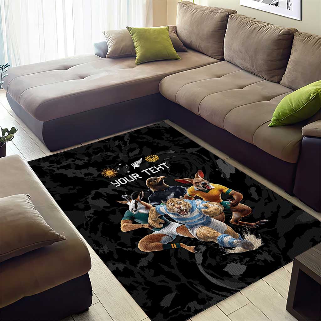 Custom Rugby Southern Hemisphere Area Rug Argentina AUNZ South Africa Mascot Black - Wonder Print Shop