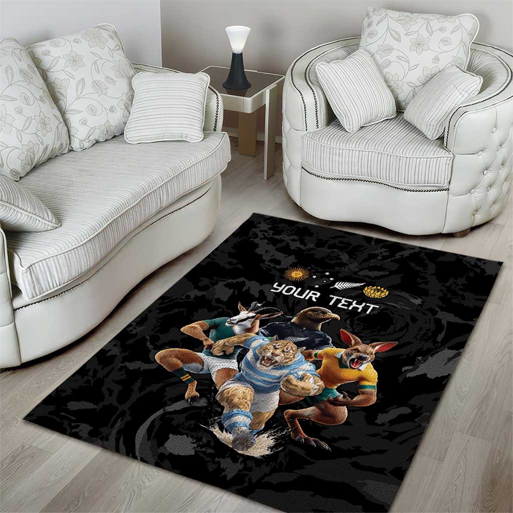 Custom Rugby Southern Hemisphere Area Rug Argentina AUNZ South Africa Mascot Black - Wonder Print Shop