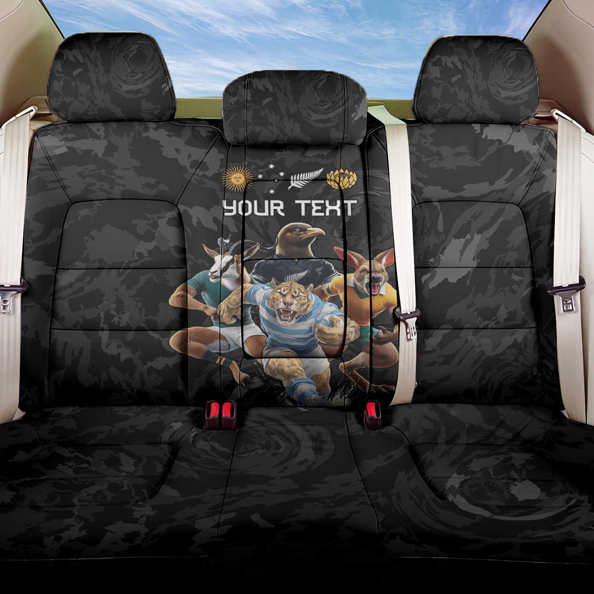 Custom Rugby Southern Hemisphere Back Car Seat Cover Argentina AUNZ South Africa Mascot Black - Wonder Print Shop