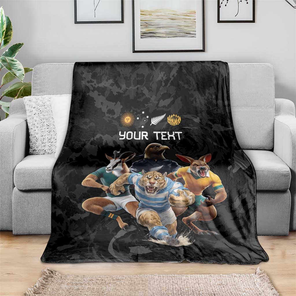 Custom Rugby Southern Hemisphere Blanket Argentina AUNZ South Africa Mascot Black - Wonder Print Shop