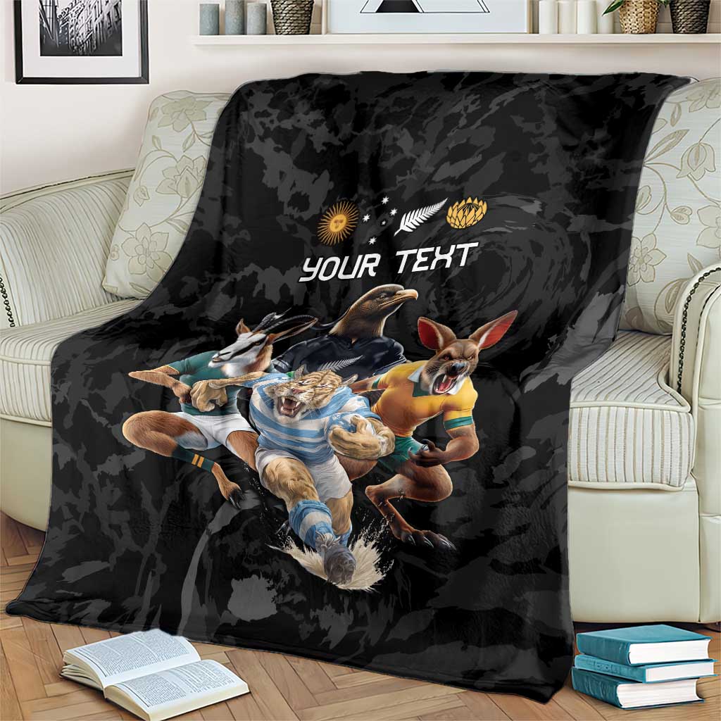 Custom Rugby Southern Hemisphere Blanket Argentina AUNZ South Africa Mascot Black - Wonder Print Shop