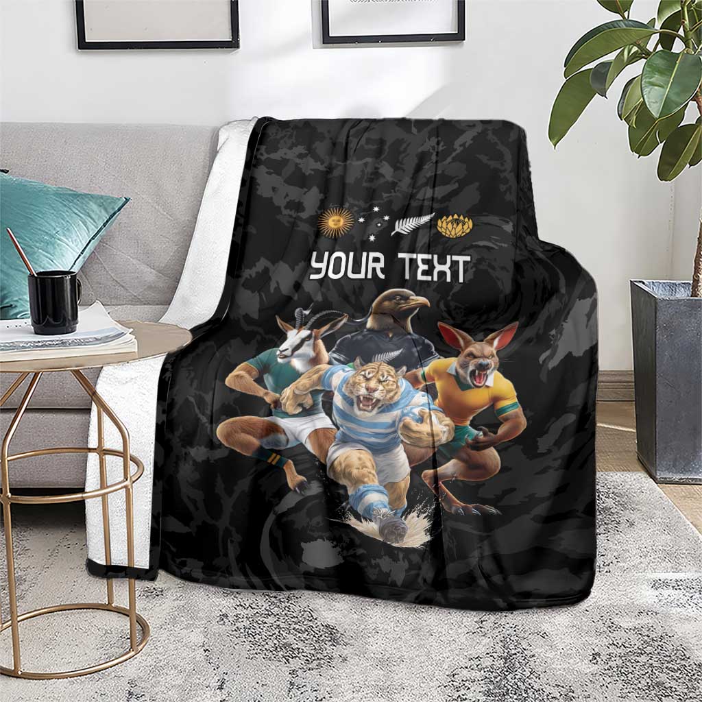Custom Rugby Southern Hemisphere Blanket Argentina AUNZ South Africa Mascot Black - Wonder Print Shop