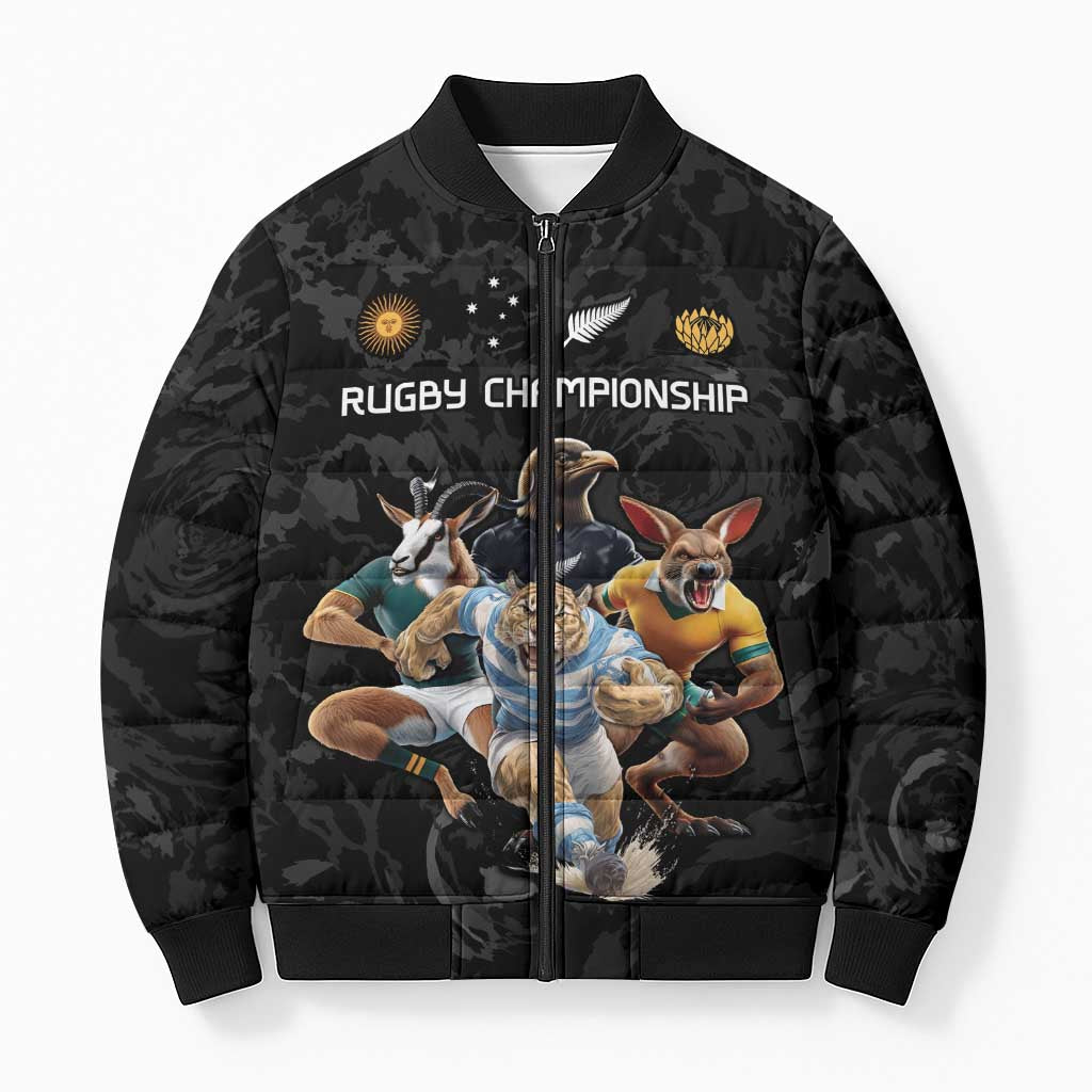 Custom Rugby Southern Hemisphere Bomber Puffer Jacket Argentina AUNZ South Africa Mascot Black - Wonder Print Shop