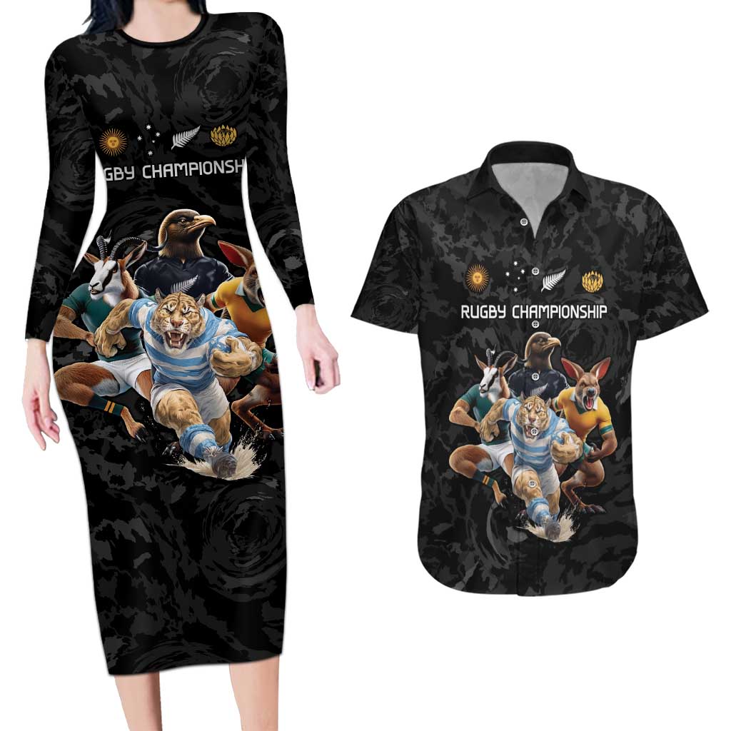 Custom Rugby Southern Hemisphere Couples Matching Long Sleeve Bodycon Dress and Hawaiian Shirt Argentina AUNZ South Africa Mascot Black - Wonder Print Shop