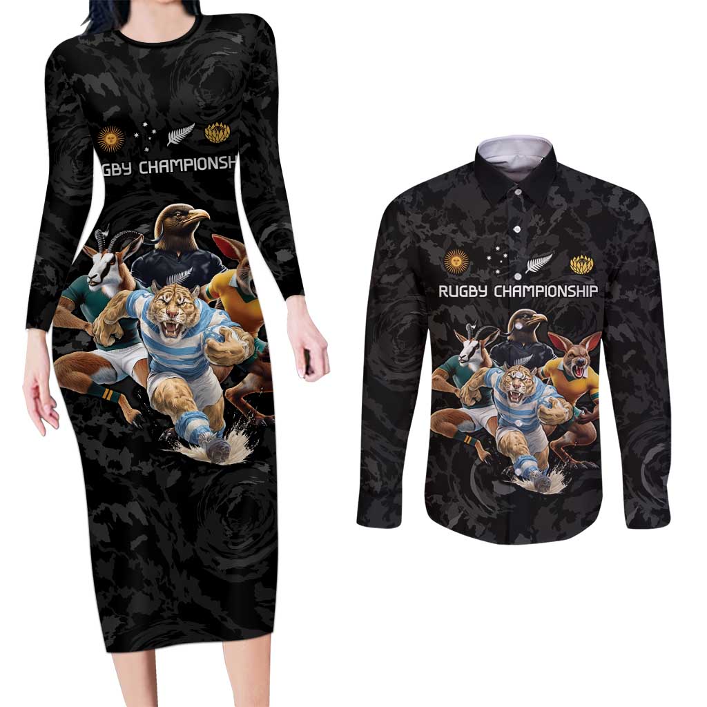 Custom Rugby Southern Hemisphere Couples Matching Long Sleeve Bodycon Dress and Long Sleeve Button Shirt Argentina AUNZ South Africa Mascot Black - Wonder Print Shop