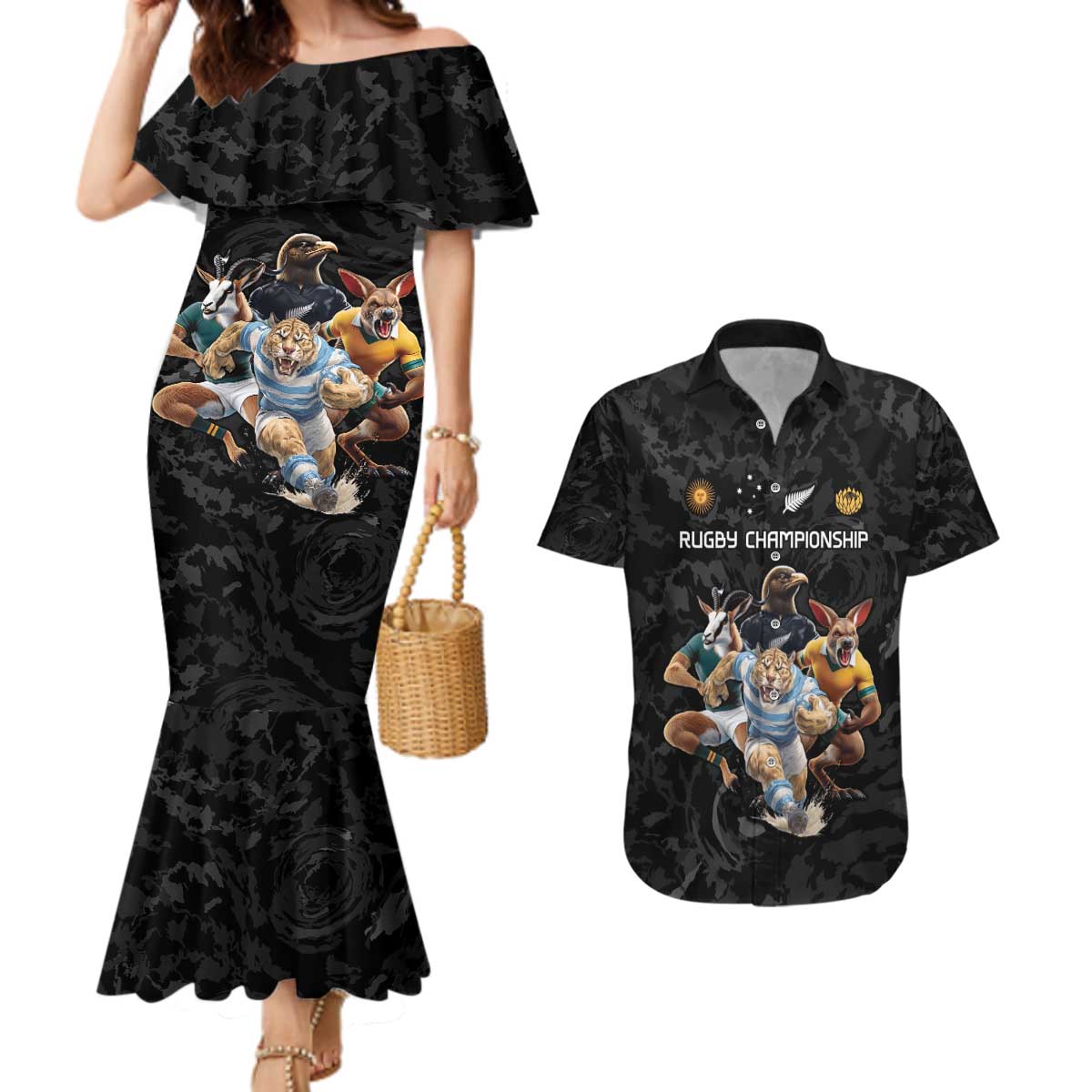 Custom Rugby Southern Hemisphere Couples Matching Mermaid Dress and Hawaiian Shirt Argentina AUNZ South Africa Mascot Black - Wonder Print Shop