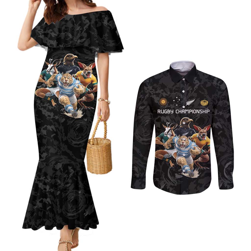 Custom Rugby Southern Hemisphere Couples Matching Mermaid Dress and Long Sleeve Button Shirt Argentina AUNZ South Africa Mascot Black - Wonder Print Shop