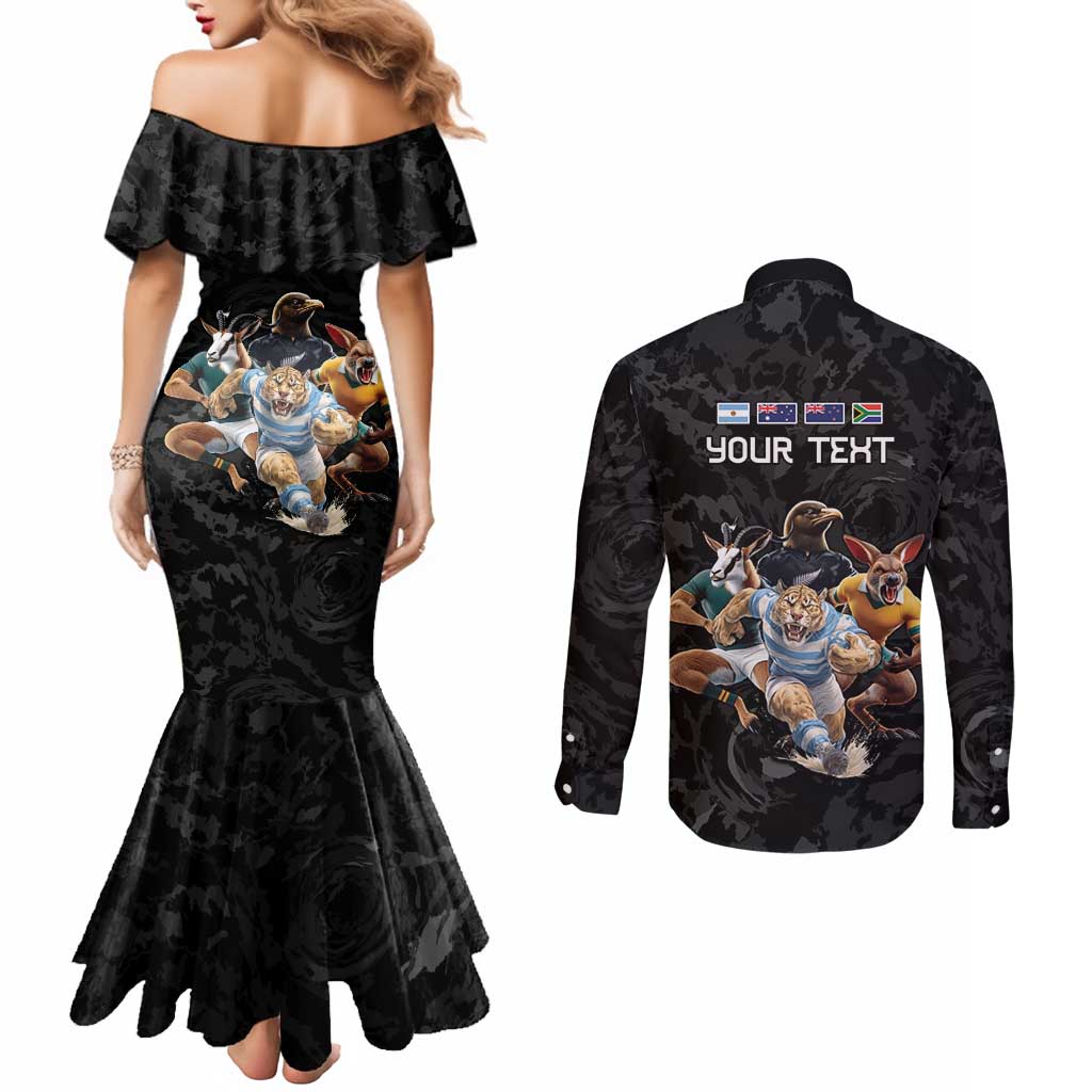Custom Rugby Southern Hemisphere Couples Matching Mermaid Dress and Long Sleeve Button Shirt Argentina AUNZ South Africa Mascot Black - Wonder Print Shop