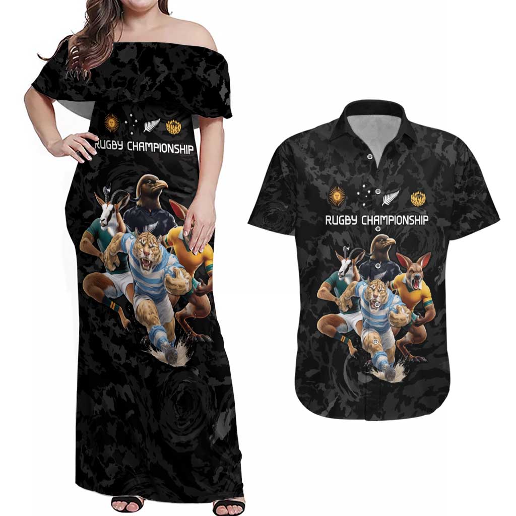 Custom Rugby Southern Hemisphere Couples Matching Off Shoulder Maxi Dress and Hawaiian Shirt Argentina AUNZ South Africa Mascot Black - Wonder Print Shop