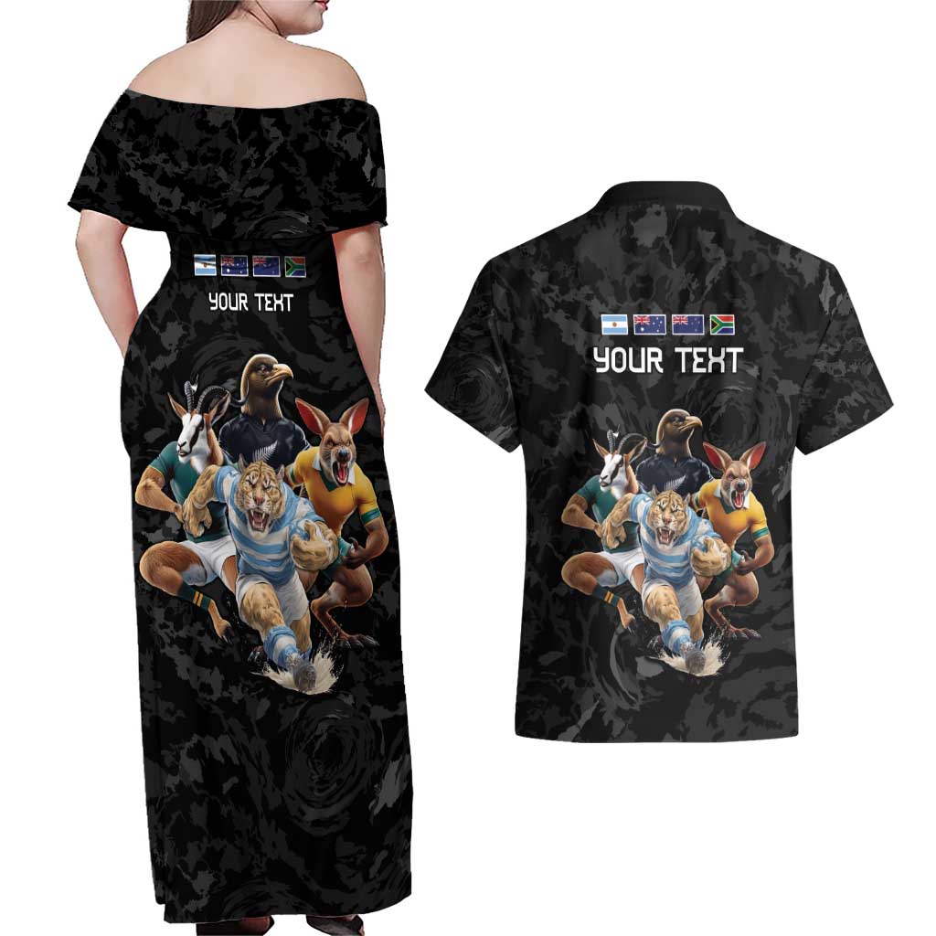 Custom Rugby Southern Hemisphere Couples Matching Off Shoulder Maxi Dress and Hawaiian Shirt Argentina AUNZ South Africa Mascot Black - Wonder Print Shop