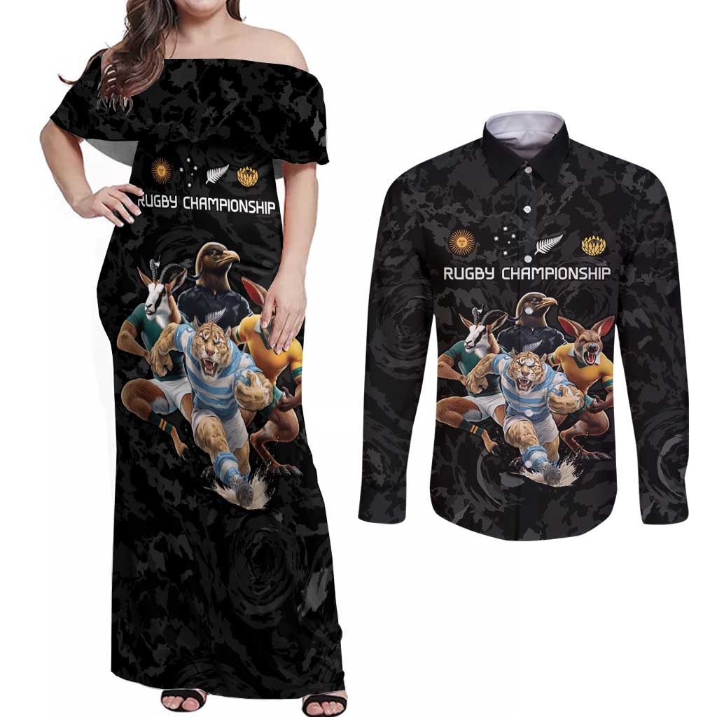 Custom Rugby Southern Hemisphere Couples Matching Off Shoulder Maxi Dress and Long Sleeve Button Shirt Argentina AUNZ South Africa Mascot Black - Wonder Print Shop