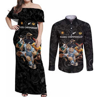 Custom Rugby Southern Hemisphere Couples Matching Off Shoulder Maxi Dress and Long Sleeve Button Shirt Argentina AUNZ South Africa Mascot Black - Wonder Print Shop