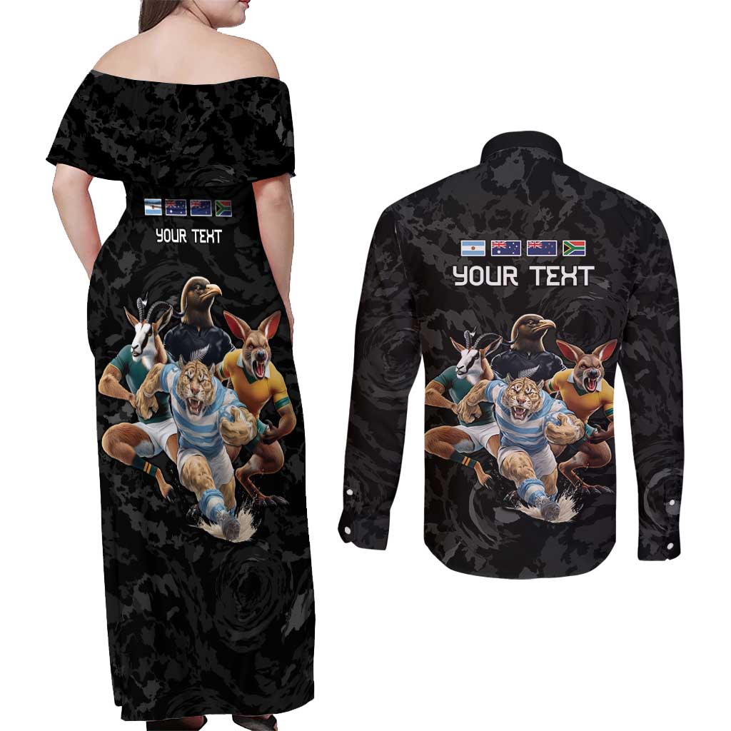 Custom Rugby Southern Hemisphere Couples Matching Off Shoulder Maxi Dress and Long Sleeve Button Shirt Argentina AUNZ South Africa Mascot Black - Wonder Print Shop
