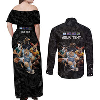 Custom Rugby Southern Hemisphere Couples Matching Off Shoulder Maxi Dress and Long Sleeve Button Shirt Argentina AUNZ South Africa Mascot Black - Wonder Print Shop