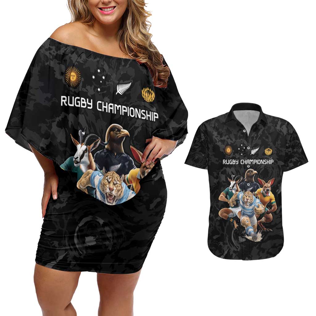 Custom Rugby Southern Hemisphere Couples Matching Off Shoulder Short Dress and Hawaiian Shirt Argentina AUNZ South Africa Mascot Black - Wonder Print Shop