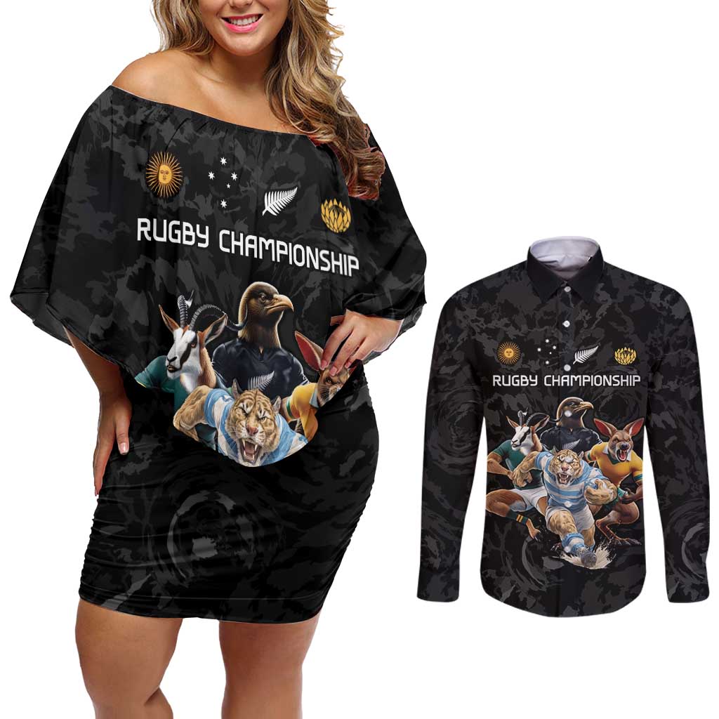 Custom Rugby Southern Hemisphere Couples Matching Off Shoulder Short Dress and Long Sleeve Button Shirt Argentina AUNZ South Africa Mascot Black - Wonder Print Shop
