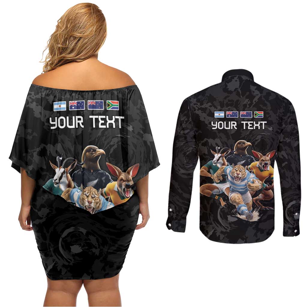 Custom Rugby Southern Hemisphere Couples Matching Off Shoulder Short Dress and Long Sleeve Button Shirt Argentina AUNZ South Africa Mascot Black - Wonder Print Shop