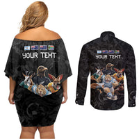 Custom Rugby Southern Hemisphere Couples Matching Off Shoulder Short Dress and Long Sleeve Button Shirt Argentina AUNZ South Africa Mascot Black - Wonder Print Shop