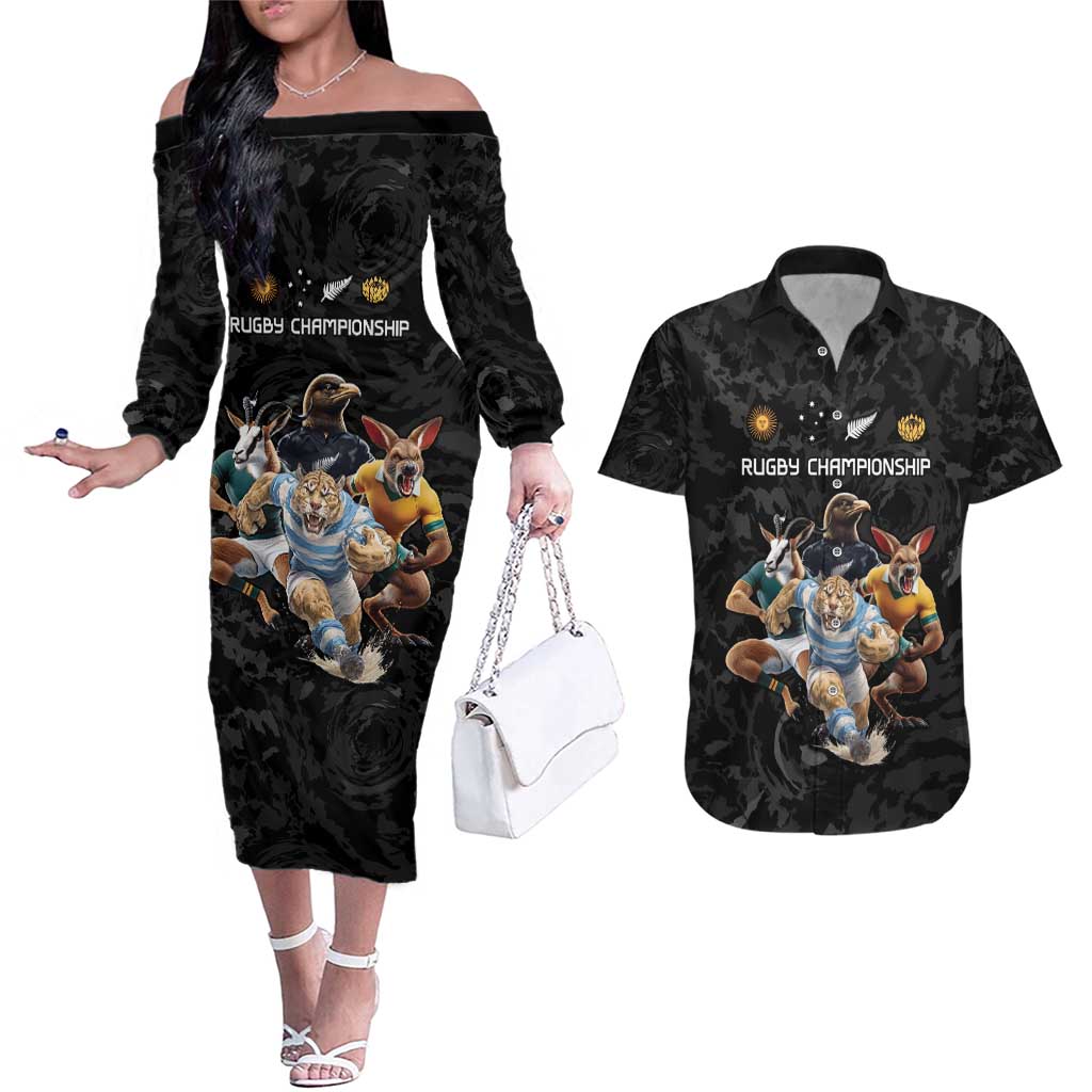 Custom Rugby Southern Hemisphere Couples Matching Off The Shoulder Long Sleeve Dress and Hawaiian Shirt Argentina AUNZ South Africa Mascot Black - Wonder Print Shop