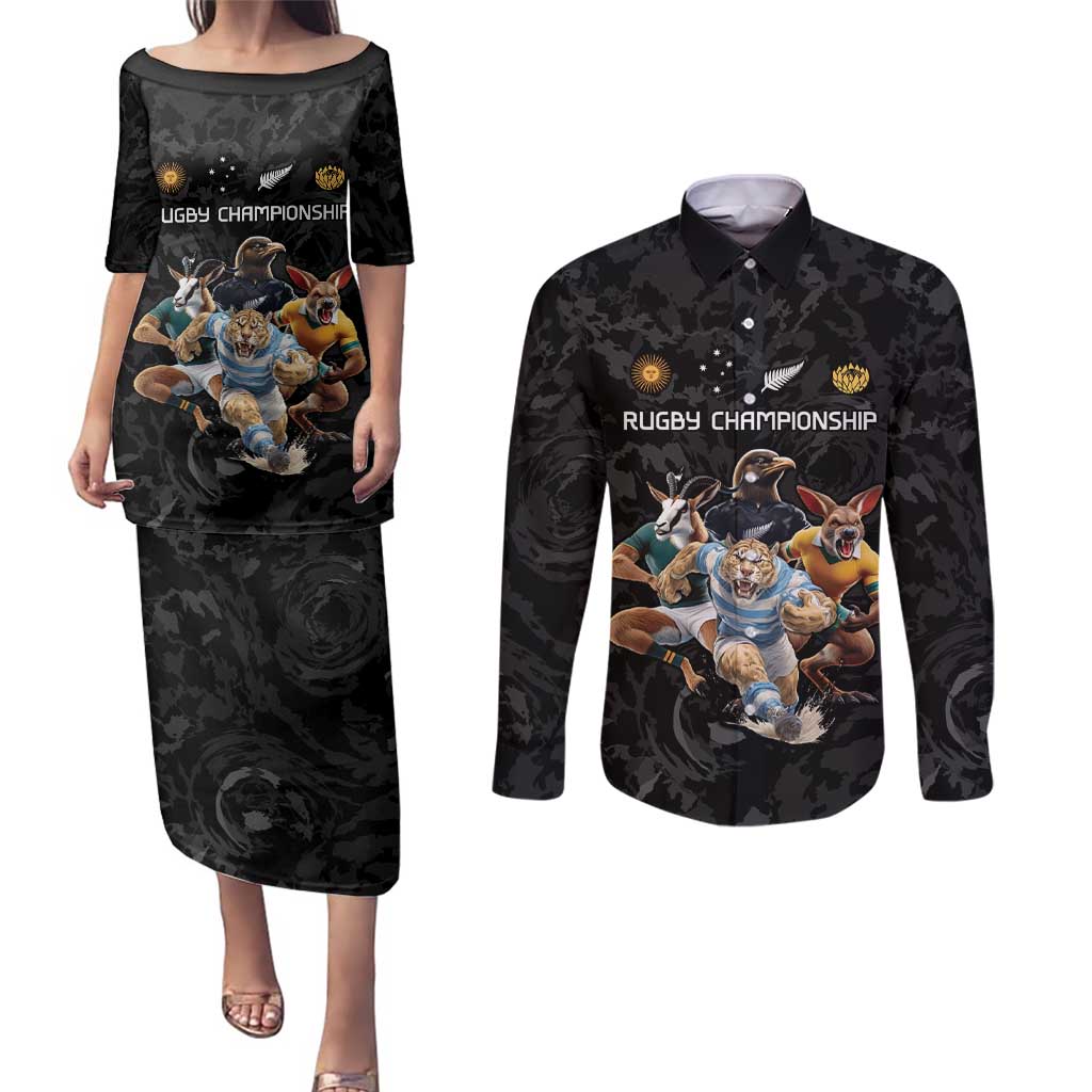 Custom Rugby Southern Hemisphere Couples Matching Puletasi and Long Sleeve Button Shirt Argentina AUNZ South Africa Mascot Black - Wonder Print Shop