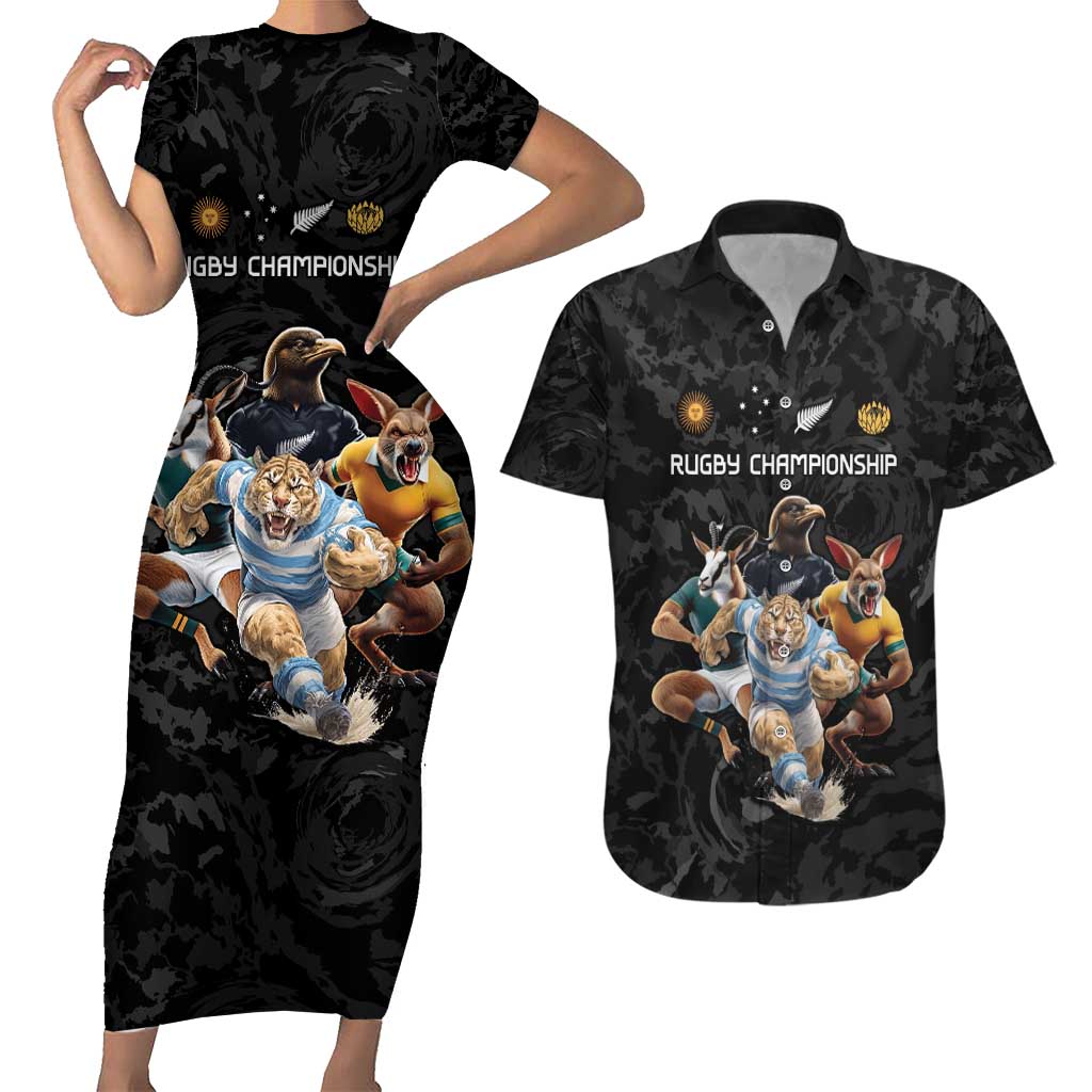 Custom Rugby Southern Hemisphere Couples Matching Short Sleeve Bodycon Dress and Hawaiian Shirt Argentina AUNZ South Africa Mascot Black - Wonder Print Shop