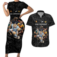 Custom Rugby Southern Hemisphere Couples Matching Short Sleeve Bodycon Dress and Hawaiian Shirt Argentina AUNZ South Africa Mascot Black - Wonder Print Shop