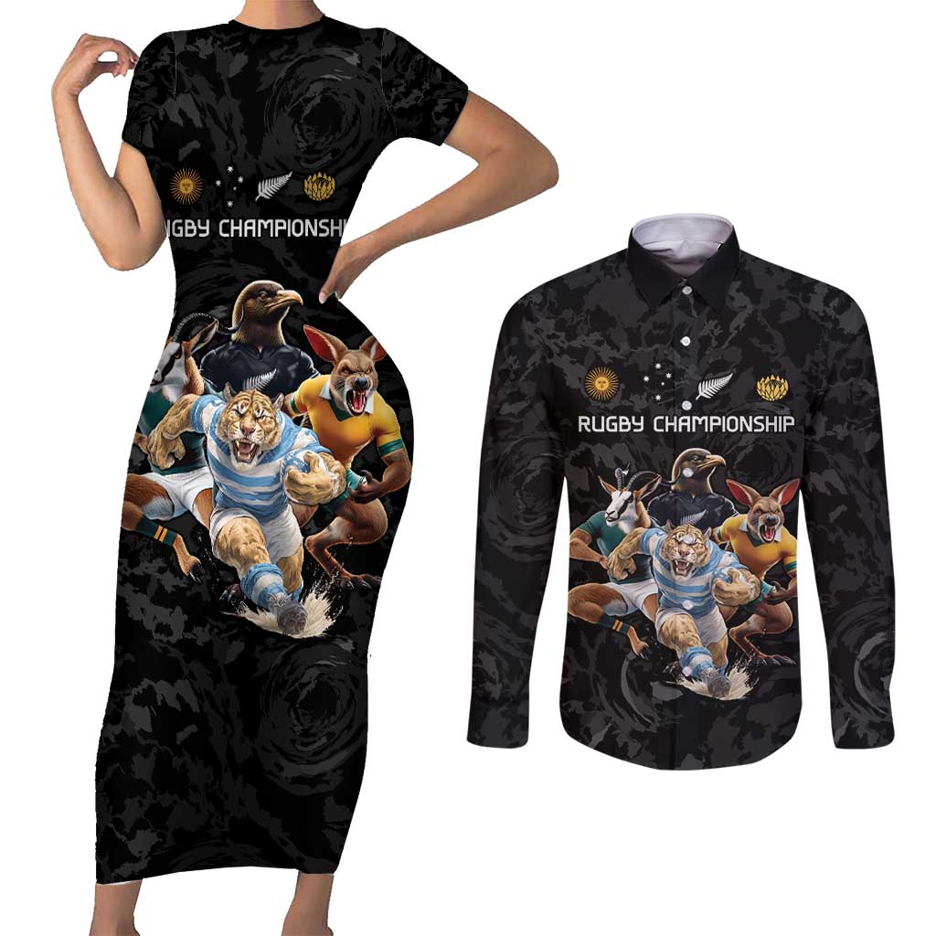Custom Rugby Southern Hemisphere Couples Matching Short Sleeve Bodycon Dress and Long Sleeve Button Shirt Argentina AUNZ South Africa Mascot Black - Wonder Print Shop