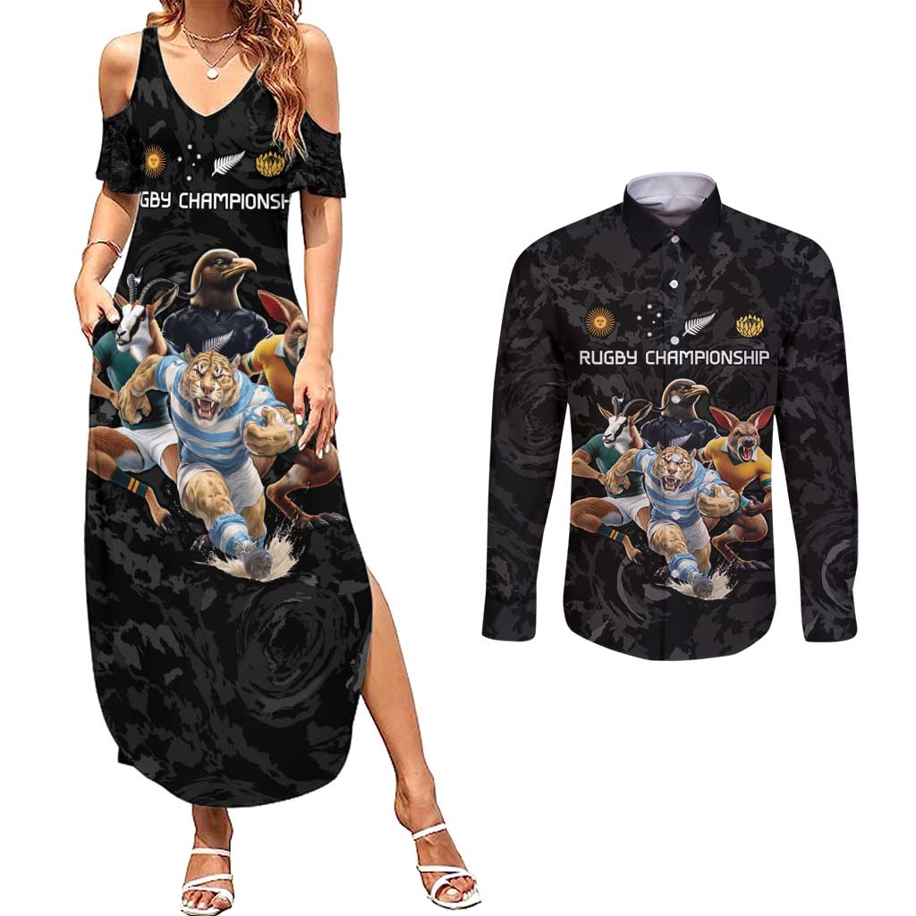 Custom Rugby Southern Hemisphere Couples Matching Summer Maxi Dress and Long Sleeve Button Shirt Argentina AUNZ South Africa Mascot Black - Wonder Print Shop