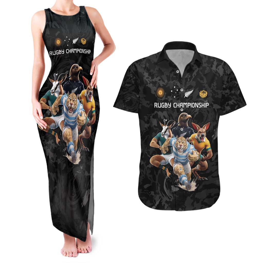 Custom Rugby Southern Hemisphere Couples Matching Tank Maxi Dress and Hawaiian Shirt Argentina AUNZ South Africa Mascot Black - Wonder Print Shop
