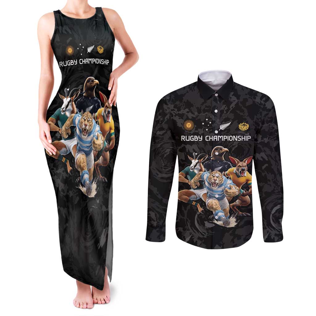 Custom Rugby Southern Hemisphere Couples Matching Tank Maxi Dress and Long Sleeve Button Shirt Argentina AUNZ South Africa Mascot Black - Wonder Print Shop