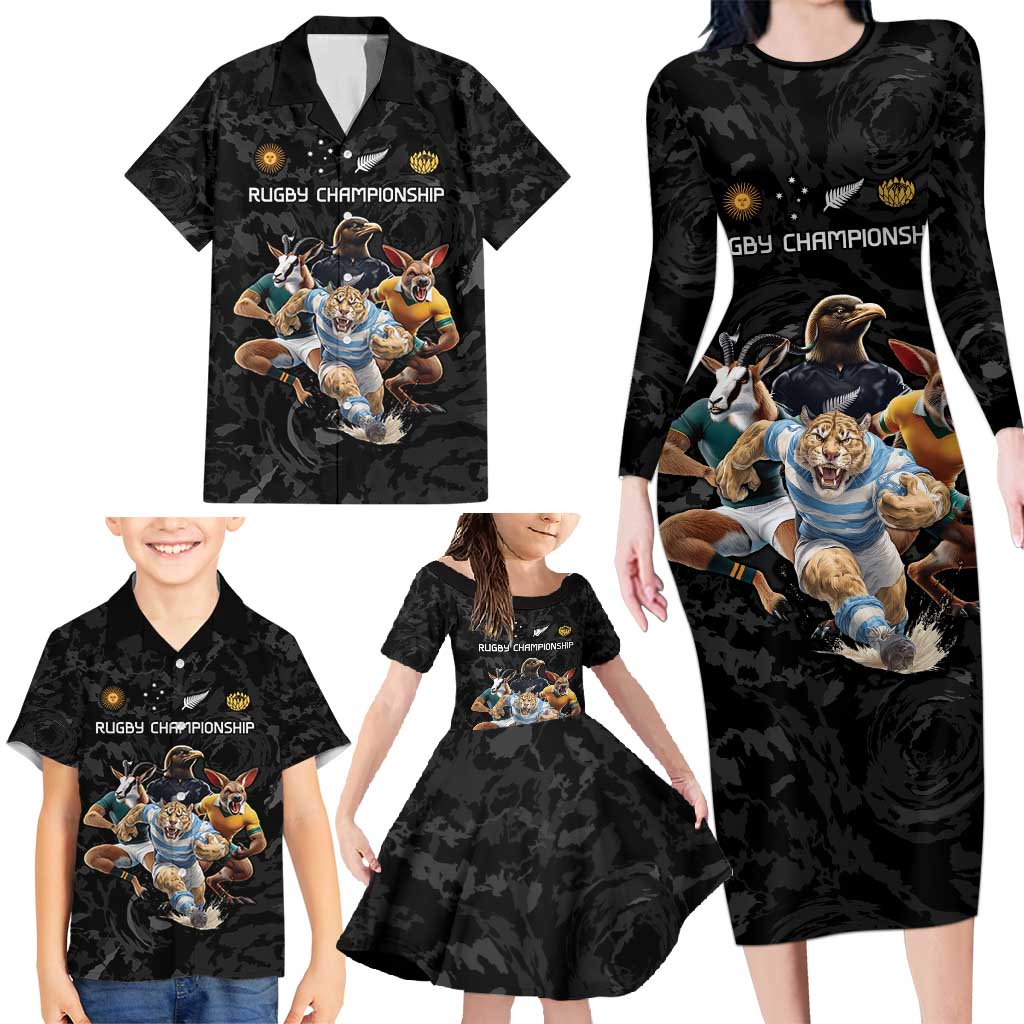 Custom Rugby Southern Hemisphere Family Matching Long Sleeve Bodycon Dress and Hawaiian Shirt Argentina AUNZ South Africa Mascot Black - Wonder Print Shop