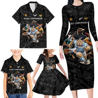 Custom Rugby Southern Hemisphere Family Matching Long Sleeve Bodycon Dress and Hawaiian Shirt Argentina AUNZ South Africa Mascot Black - Wonder Print Shop