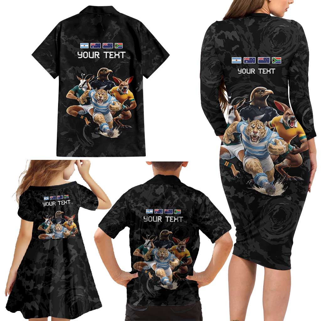 Custom Rugby Southern Hemisphere Family Matching Long Sleeve Bodycon Dress and Hawaiian Shirt Argentina AUNZ South Africa Mascot Black - Wonder Print Shop