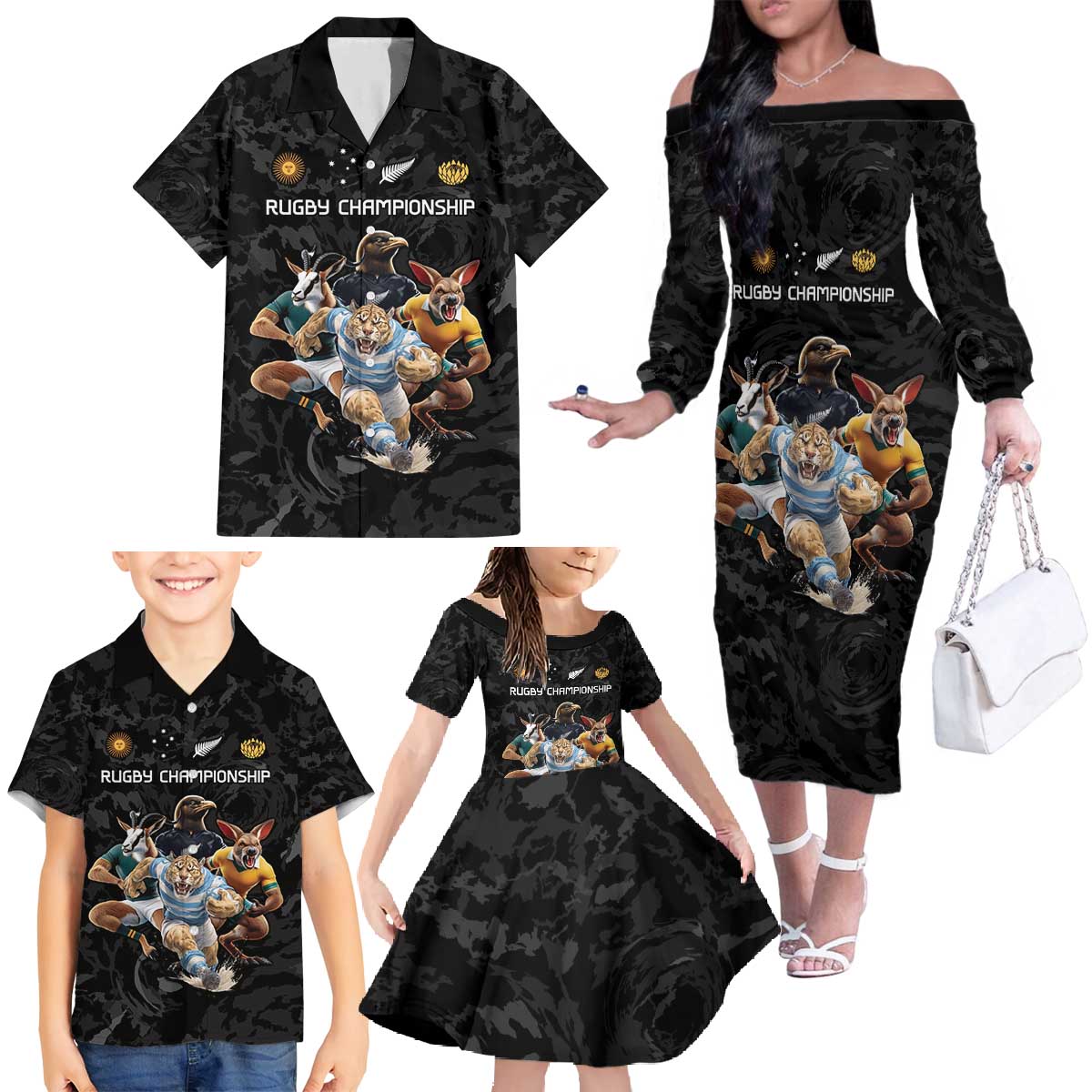 Custom Rugby Southern Hemisphere Family Matching Off The Shoulder Long Sleeve Dress and Hawaiian Shirt Argentina AUNZ South Africa Mascot Black - Wonder Print Shop