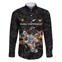 Custom Rugby Southern Hemisphere Family Matching Off The Shoulder Long Sleeve Dress and Hawaiian Shirt Argentina AUNZ South Africa Mascot Black - Wonder Print Shop