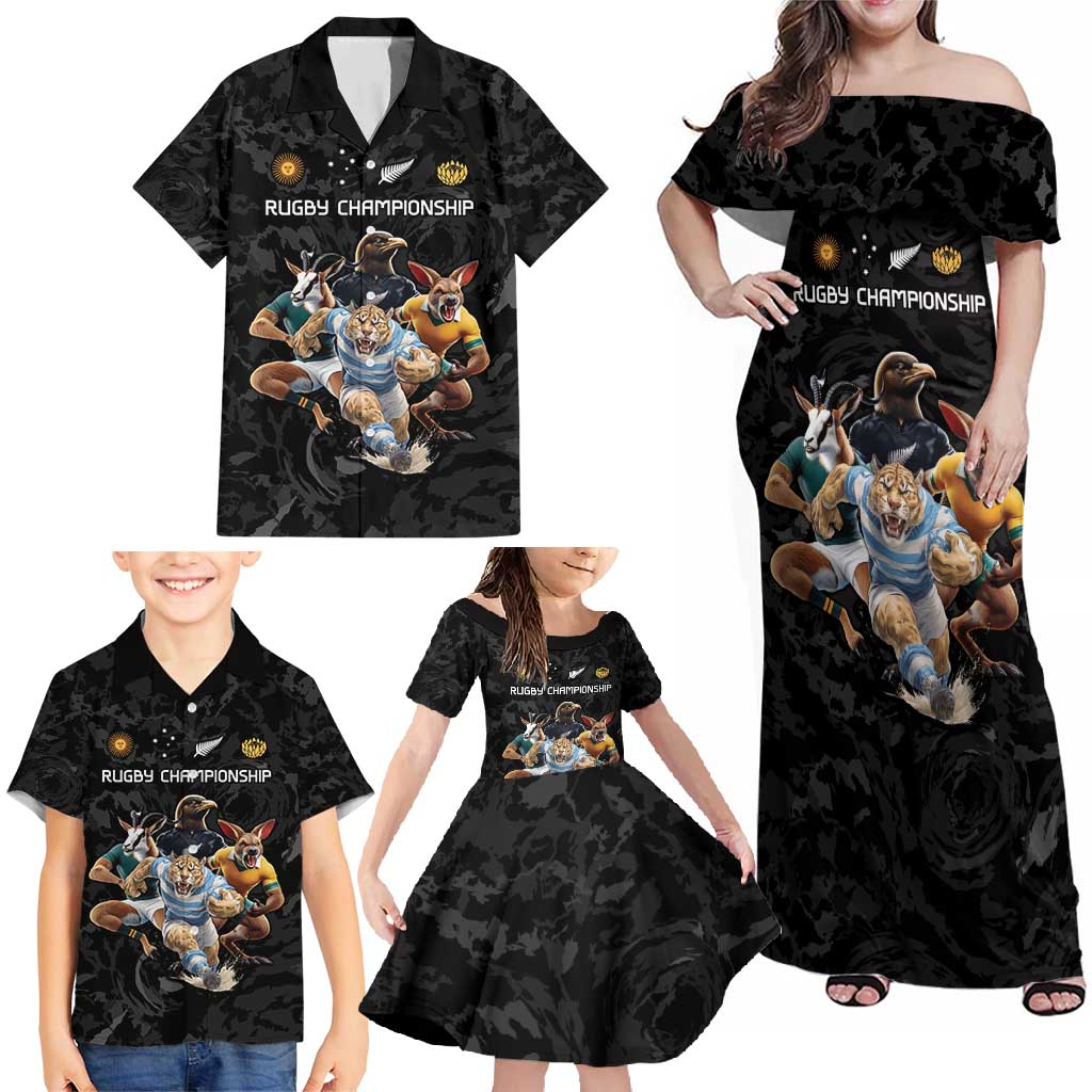 Custom Rugby Southern Hemisphere Family Matching Off Shoulder Maxi Dress and Hawaiian Shirt Argentina AUNZ South Africa Mascot Black - Wonder Print Shop