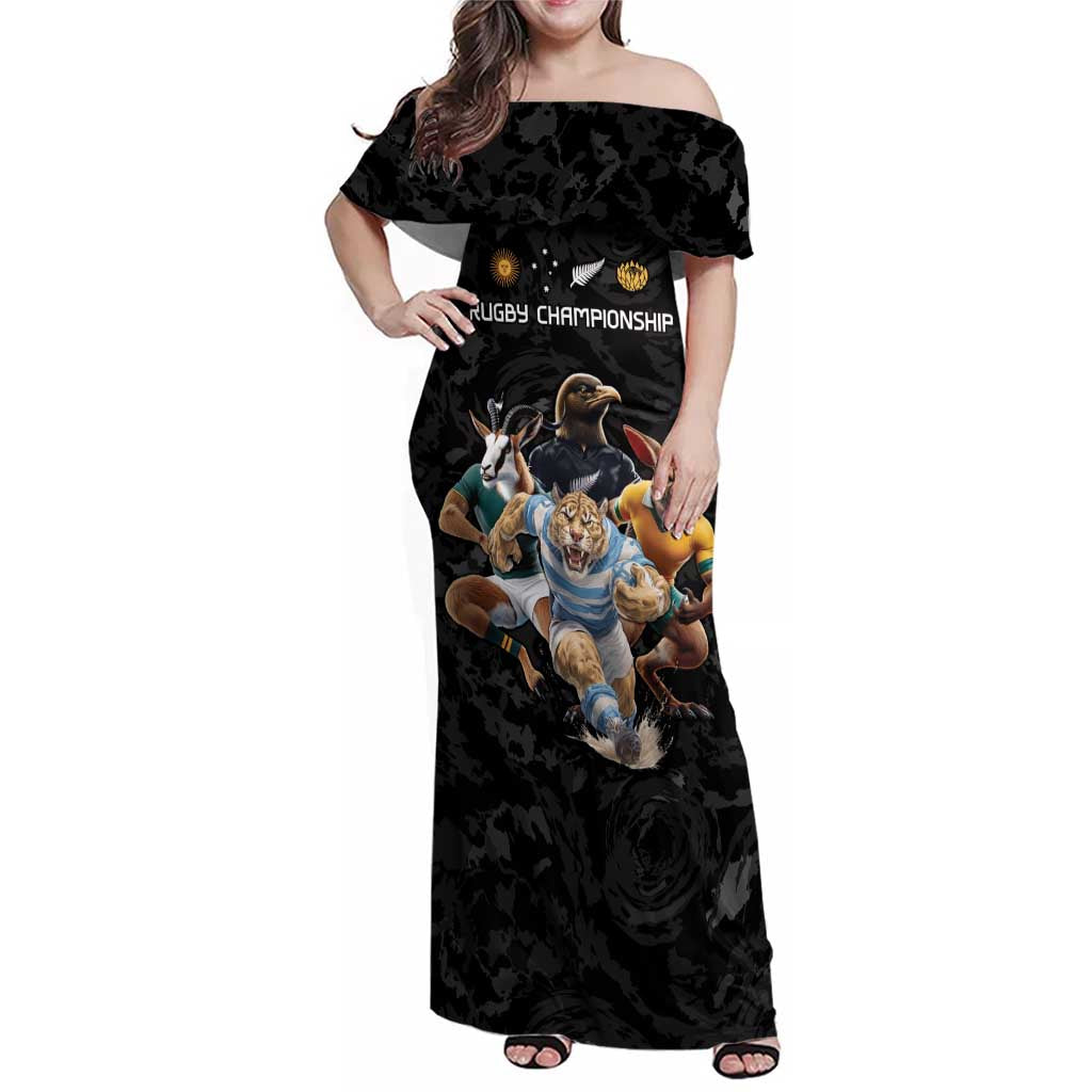 Custom Rugby Southern Hemisphere Family Matching Off Shoulder Maxi Dress and Hawaiian Shirt Argentina AUNZ South Africa Mascot Black - Wonder Print Shop
