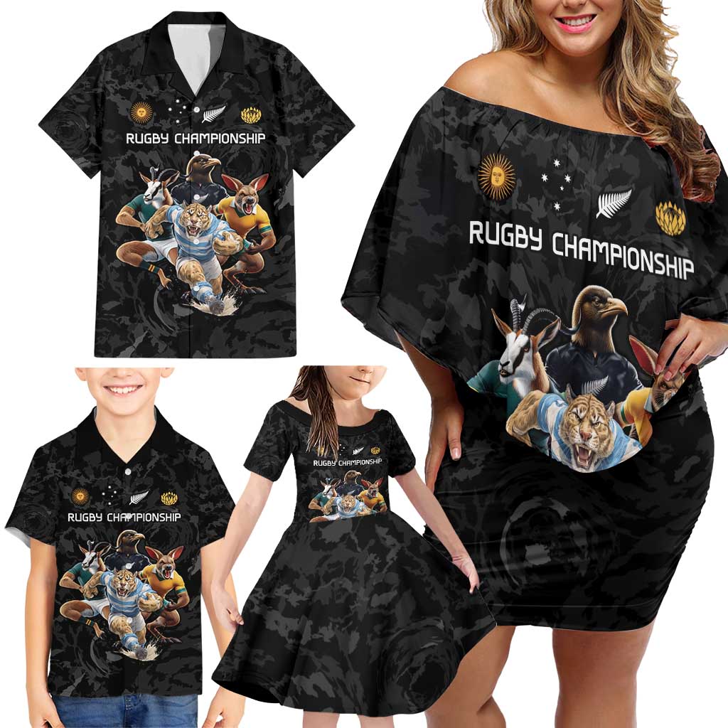 Custom Rugby Southern Hemisphere Family Matching Off Shoulder Short Dress and Hawaiian Shirt Argentina AUNZ South Africa Mascot Black - Wonder Print Shop