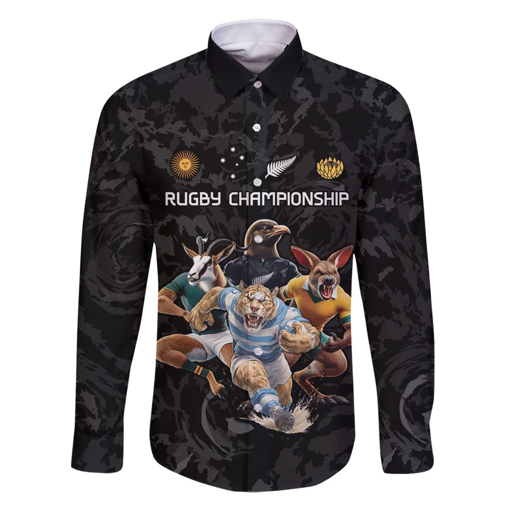 Custom Rugby Southern Hemisphere Family Matching Off Shoulder Short Dress and Hawaiian Shirt Argentina AUNZ South Africa Mascot Black - Wonder Print Shop