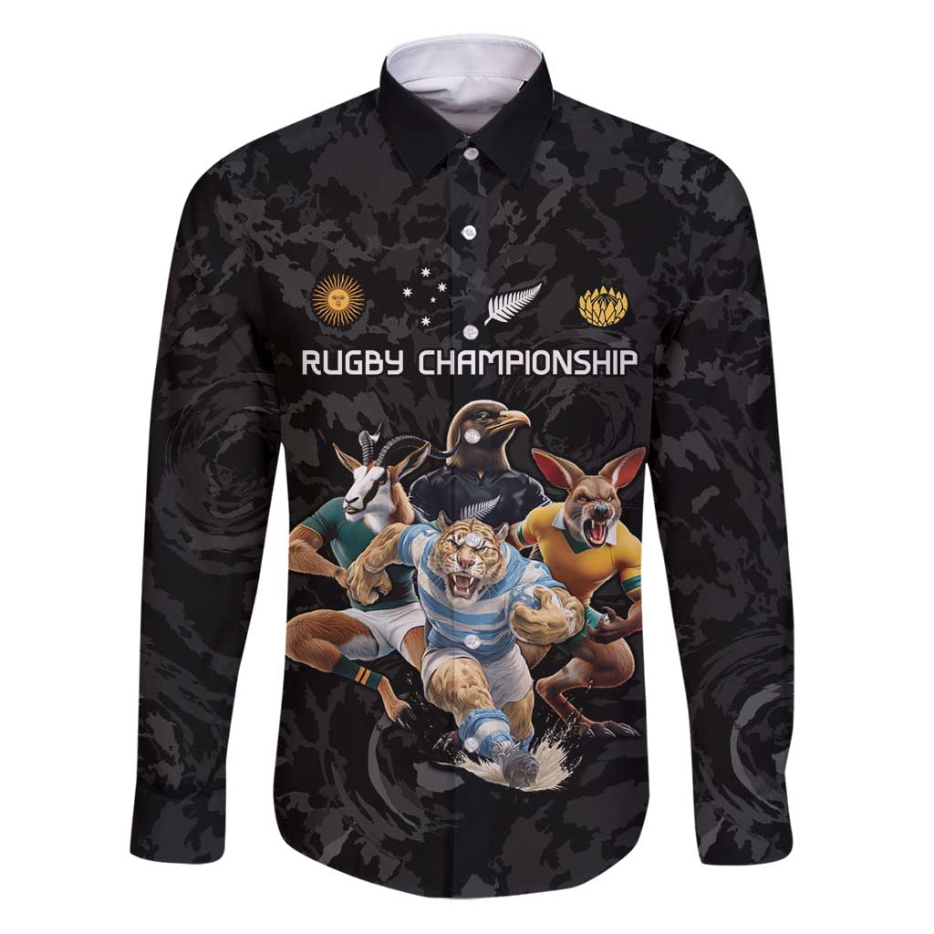 Custom Rugby Southern Hemisphere Family Matching Puletasi and Hawaiian Shirt Argentina AUNZ South Africa Mascot Black - Wonder Print Shop