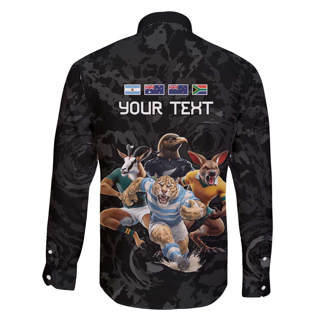Custom Rugby Southern Hemisphere Family Matching Short Sleeve Bodycon Dress and Hawaiian Shirt Argentina AUNZ South Africa Mascot Black - Wonder Print Shop