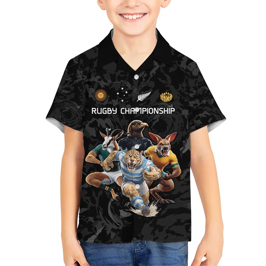 Custom Rugby Southern Hemisphere Family Matching Short Sleeve Bodycon Dress and Hawaiian Shirt Argentina AUNZ South Africa Mascot Black - Wonder Print Shop