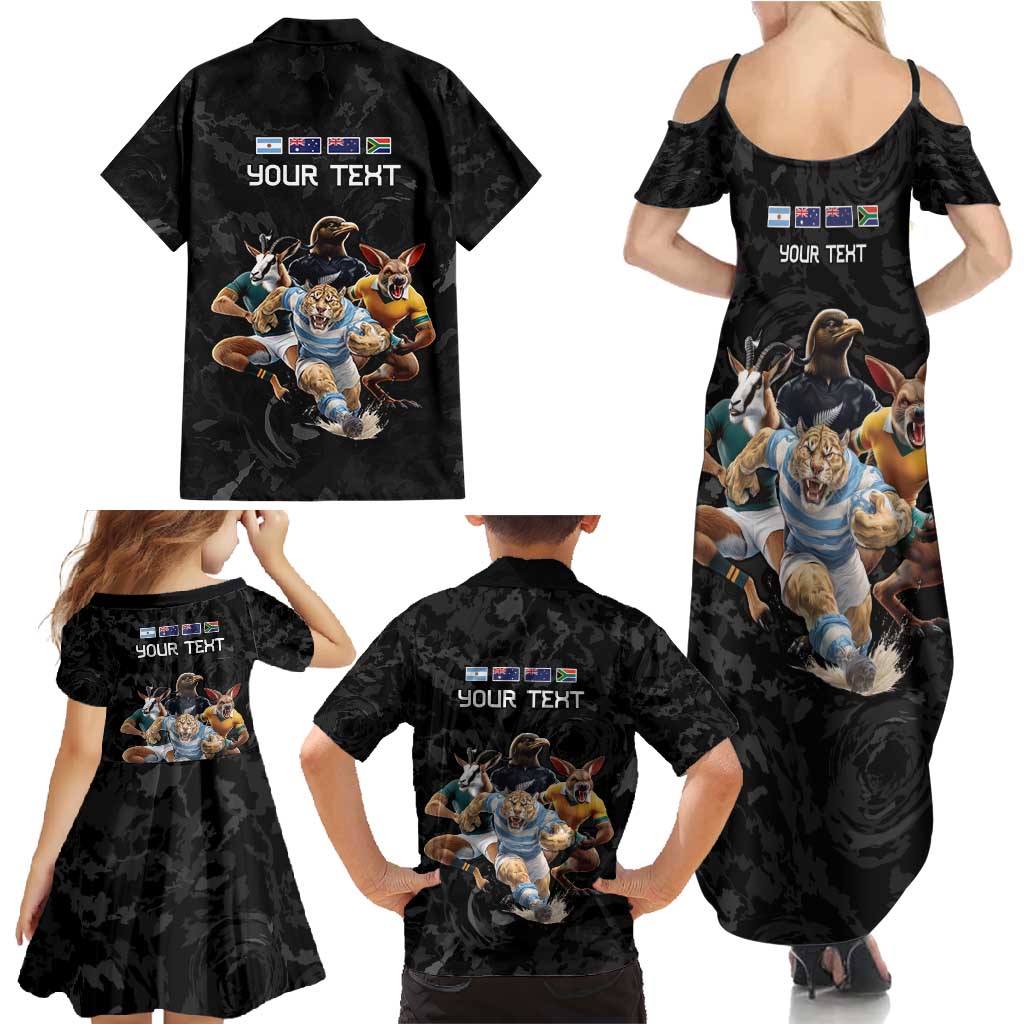 Custom Rugby Southern Hemisphere Family Matching Summer Maxi Dress and Hawaiian Shirt Argentina AUNZ South Africa Mascot Black - Wonder Print Shop